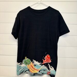 Black T-Shirt with Colorful Fish Design